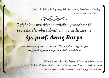 Z głębokim żalem żegnamy śp. Annę Borys, wychowawczynię i nauczycielkę LO