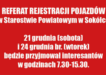 Rejestracja Pojazdów możliwa 21 i 24 grudnia