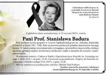 Zmarła Prof. z sokólskiego LO Pani Stanisława Badura