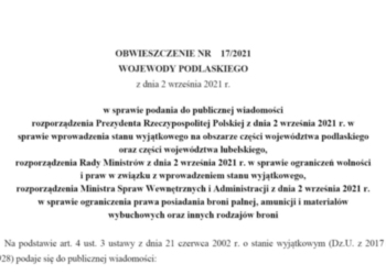 Obwieszczenie Wojewody Podlaskiego dotyczące wprowadzonego stanu wyjątkowego